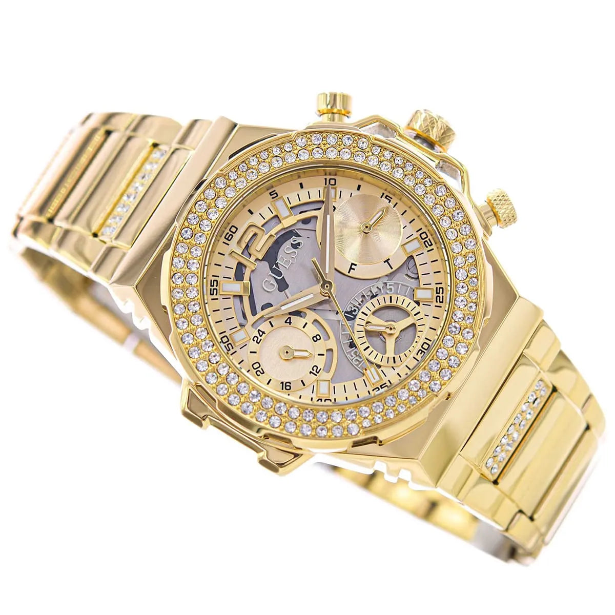 Guess Fusion multifunction watch side view with champagne dial and gold stainless steel bracelet