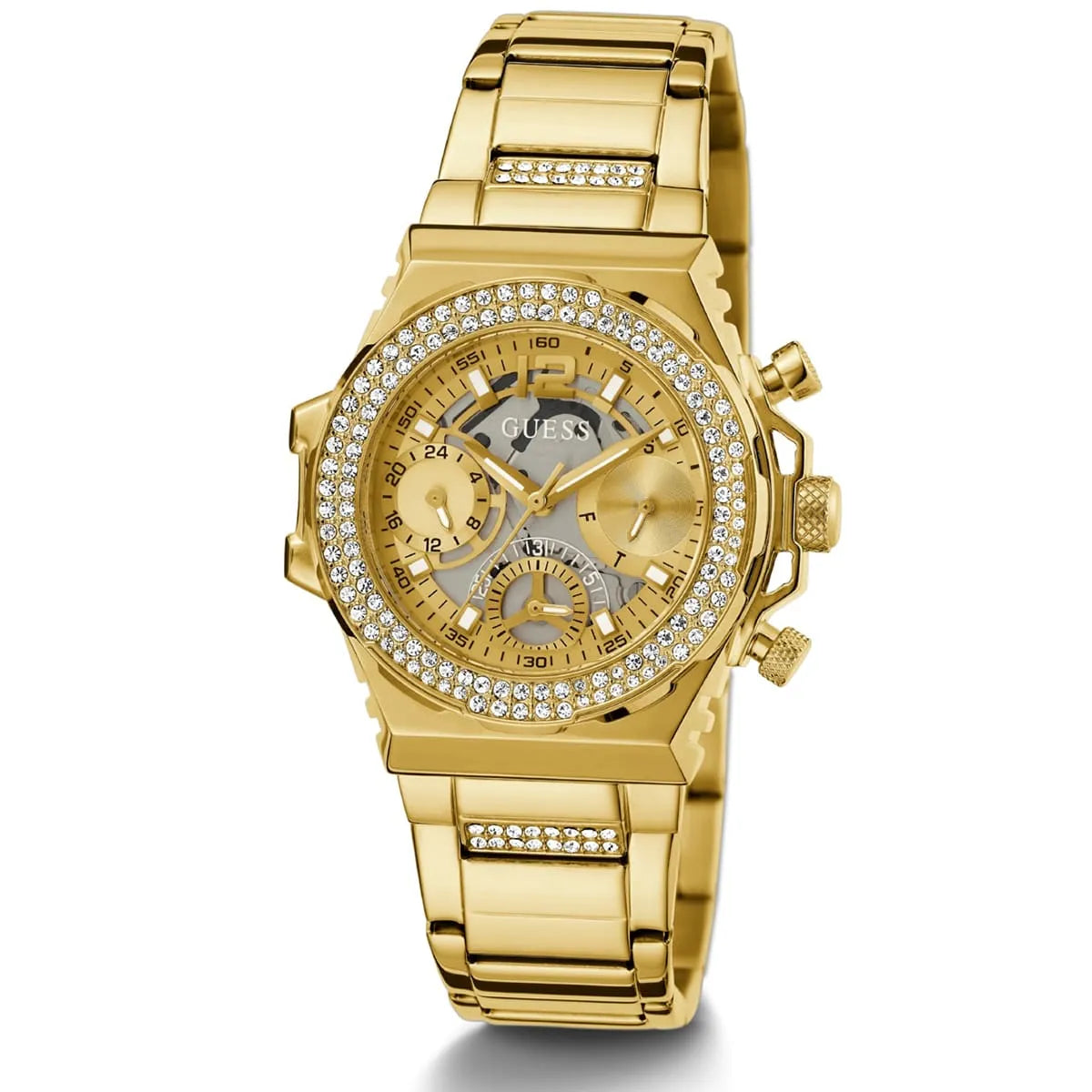 Guess Fusion women watch angled view showing crystal-set bezel and gold metal strap
