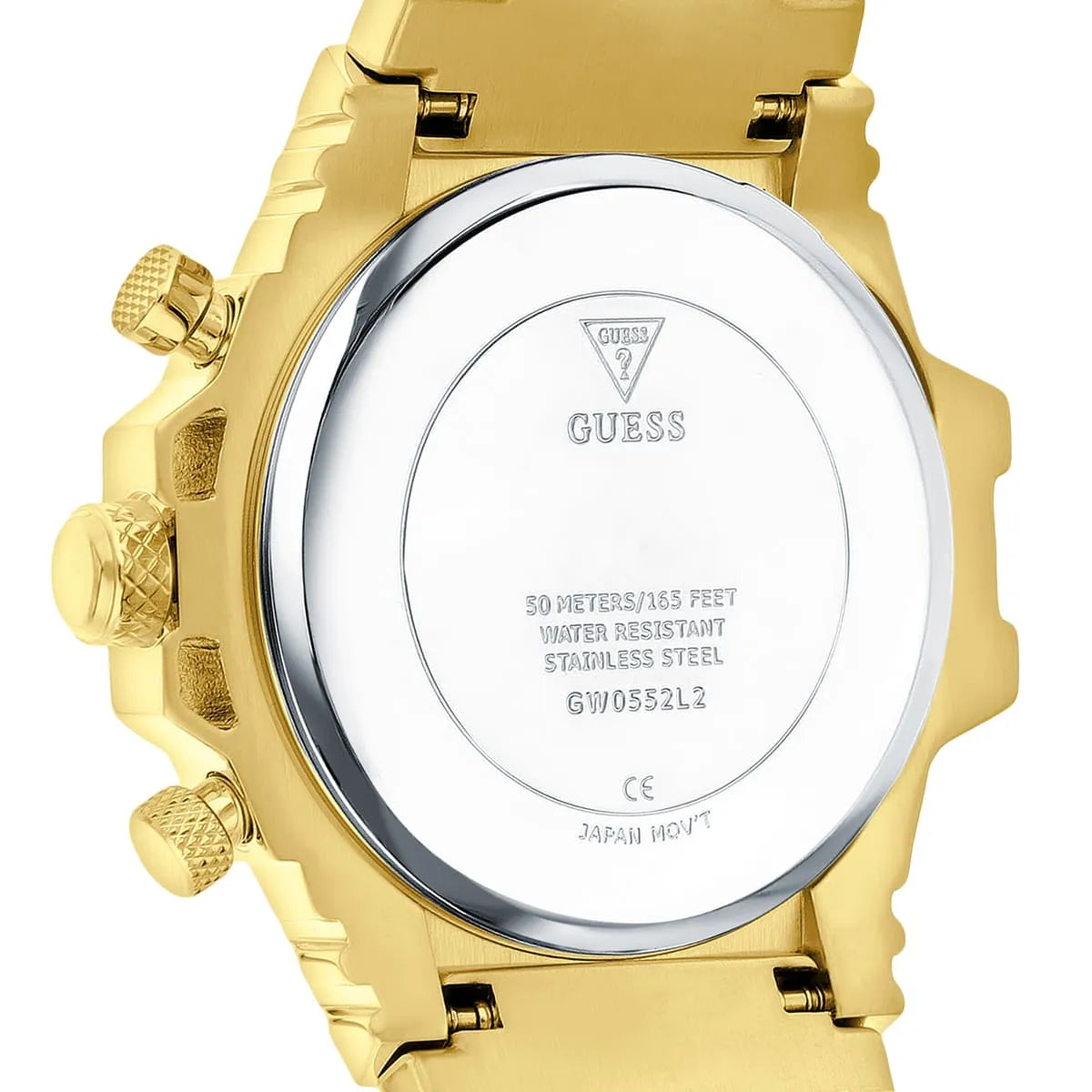 Guess Fusion case back showing water resistant 50m and stainless steel GW0552L2 model number