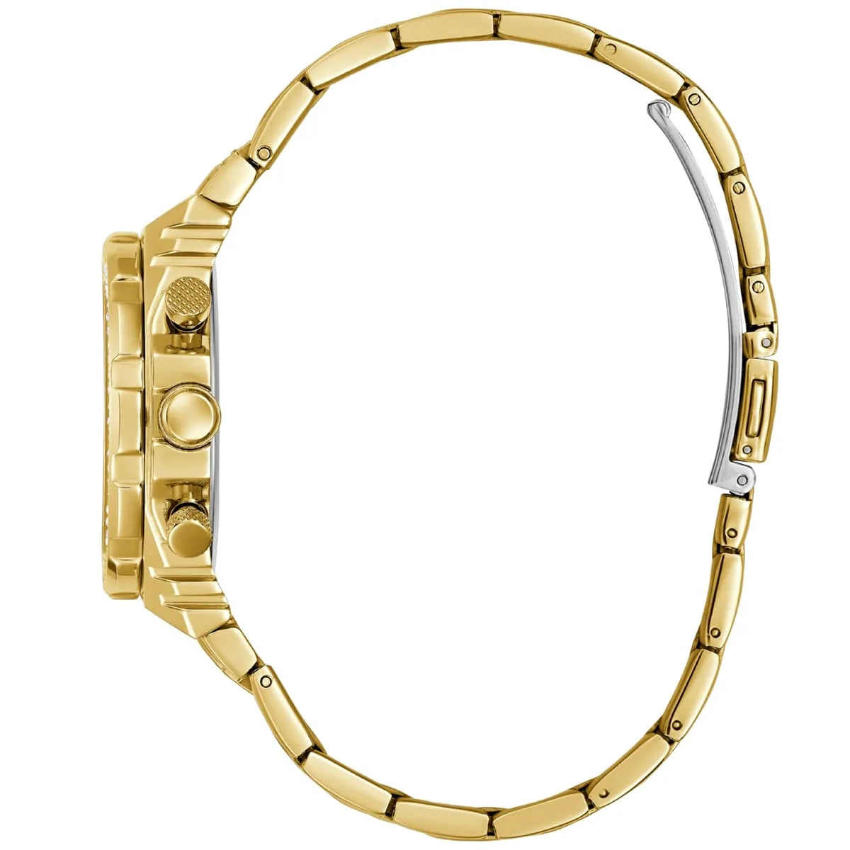 Guess Fusion watch side profile showing case thickness and stainless steel bracelet links