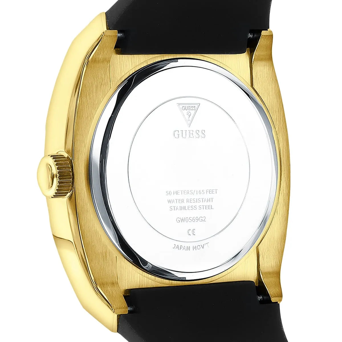 Guess GW0569G2 caseback showing engraved stainless steel with model number