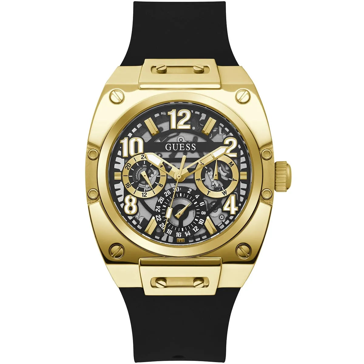 Guess GW0569G2 43mm men's watch with gold case, black skeleton dial, and black rubber strap