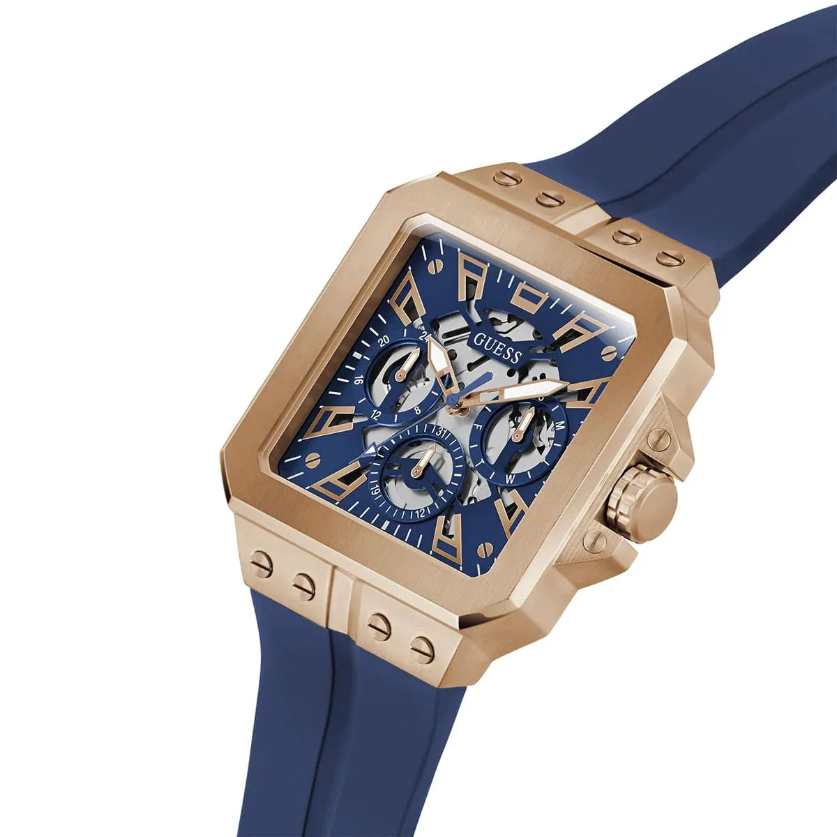 GUESS GW0637G3 side angle view with blue rubber strap and chronograph subdials