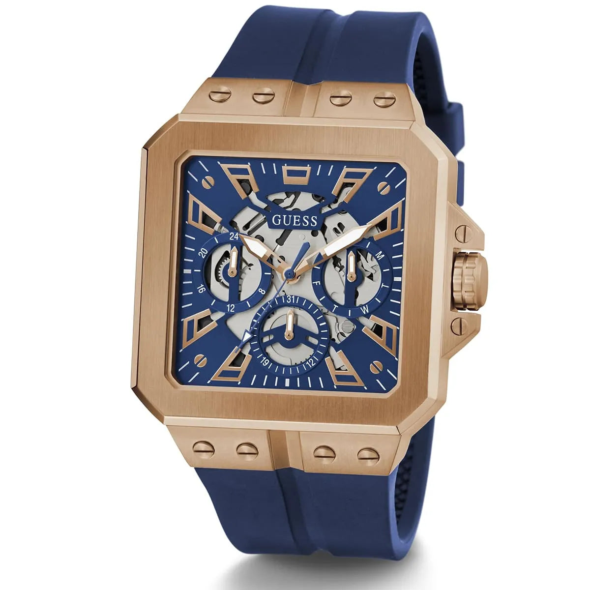 GUESS GW0637G3 angled view showing blue rubber strap and rose gold case