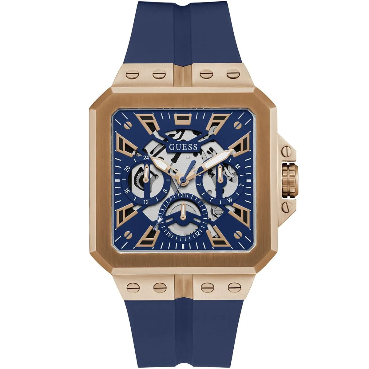 GUESS GW0637G3 men's watch with blue dial, rose gold square case, rubber strap