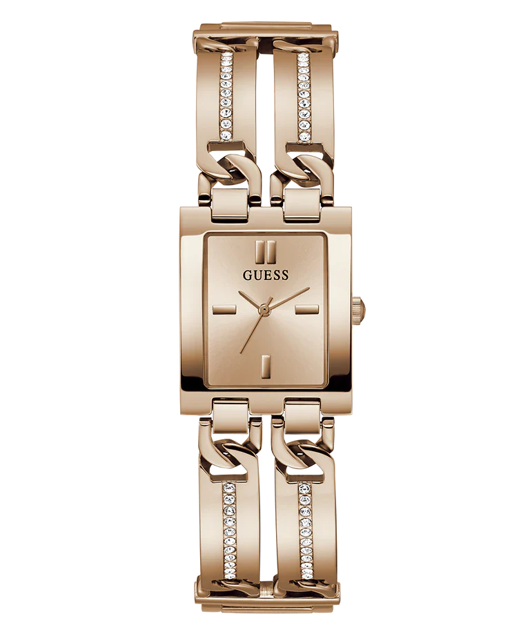 GUESS rose gold tone square analog ladies watch with crystal-embellished bracelet