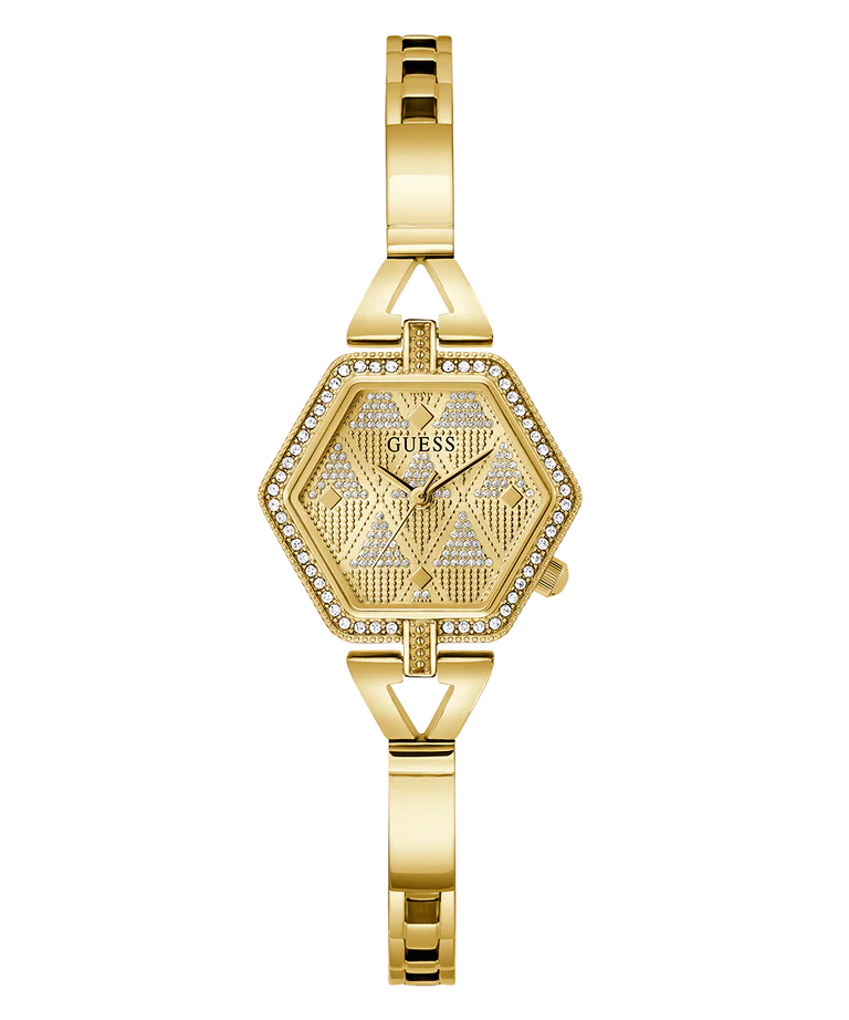 Full view GUESS gold tone ladies watch with crystal case and gold bracelet