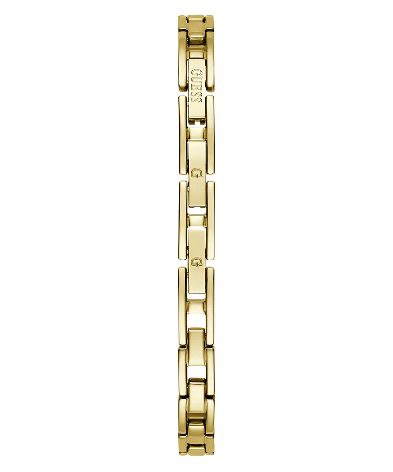 Vertical view of GUESS gold link bracelet showing all links and connections