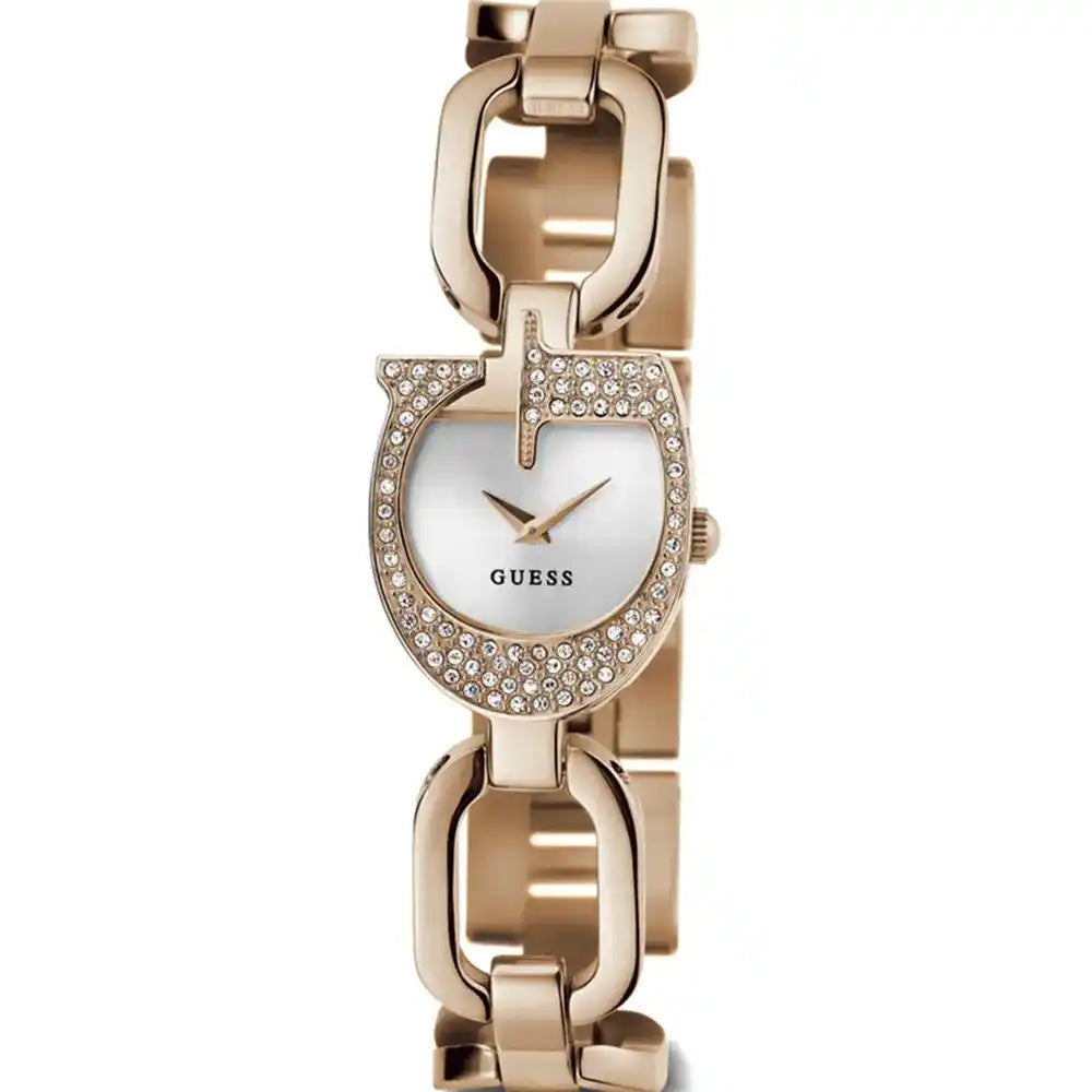 Guess rose gold women's watch GW0683L3 with crystal-set case, white dial, and chain-link bracelet