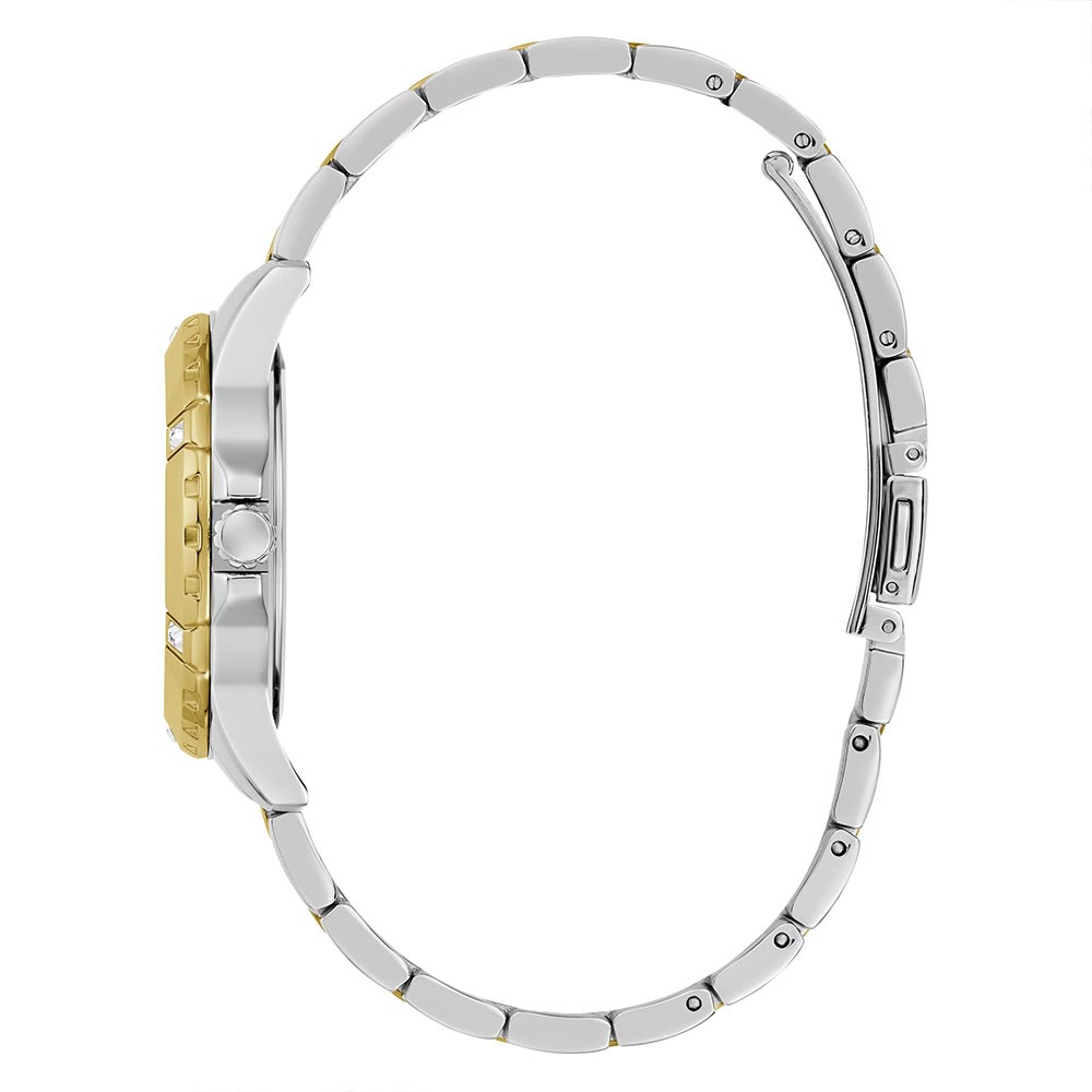Side profile of Guess Mist watch showing gold bezel and case thickness