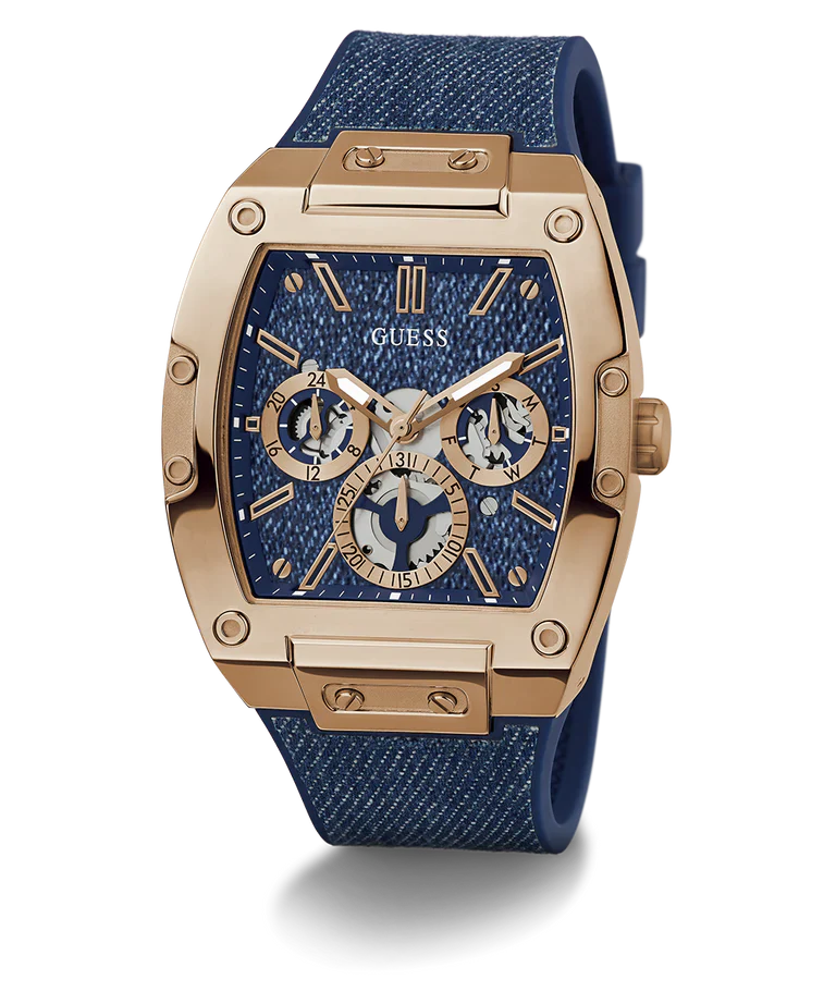 Side angle view of GUESS GW0786G2 chronograph watch with rose gold and blue elements