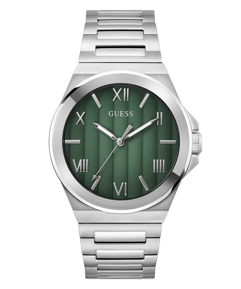 GUESS GW0789G1 silver tone mens watch with green dial and Roman numeral markers