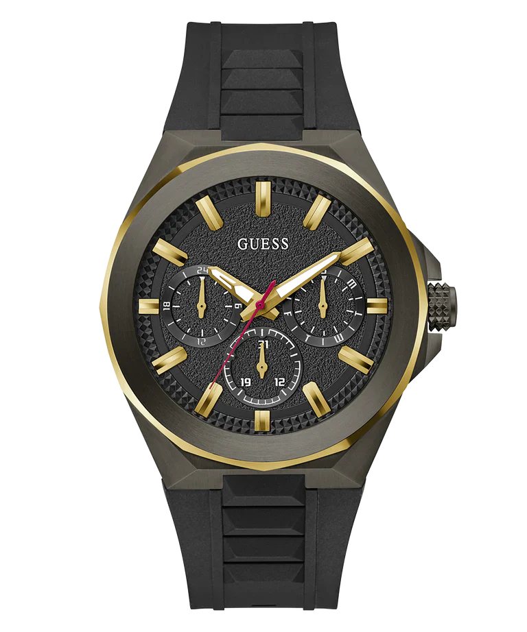 GUESS GW0799G1 black chronograph watch with gold-tone bezel and black dial