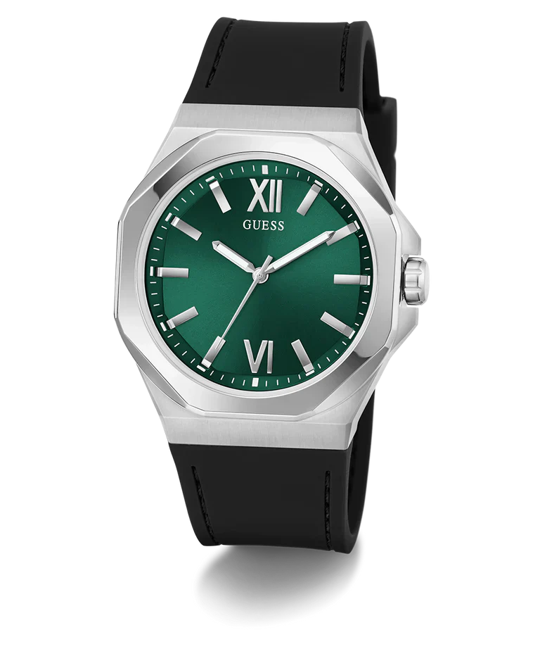 Angled view of GUESS GW0850G1 showing green dial with Roman numerals and black strap