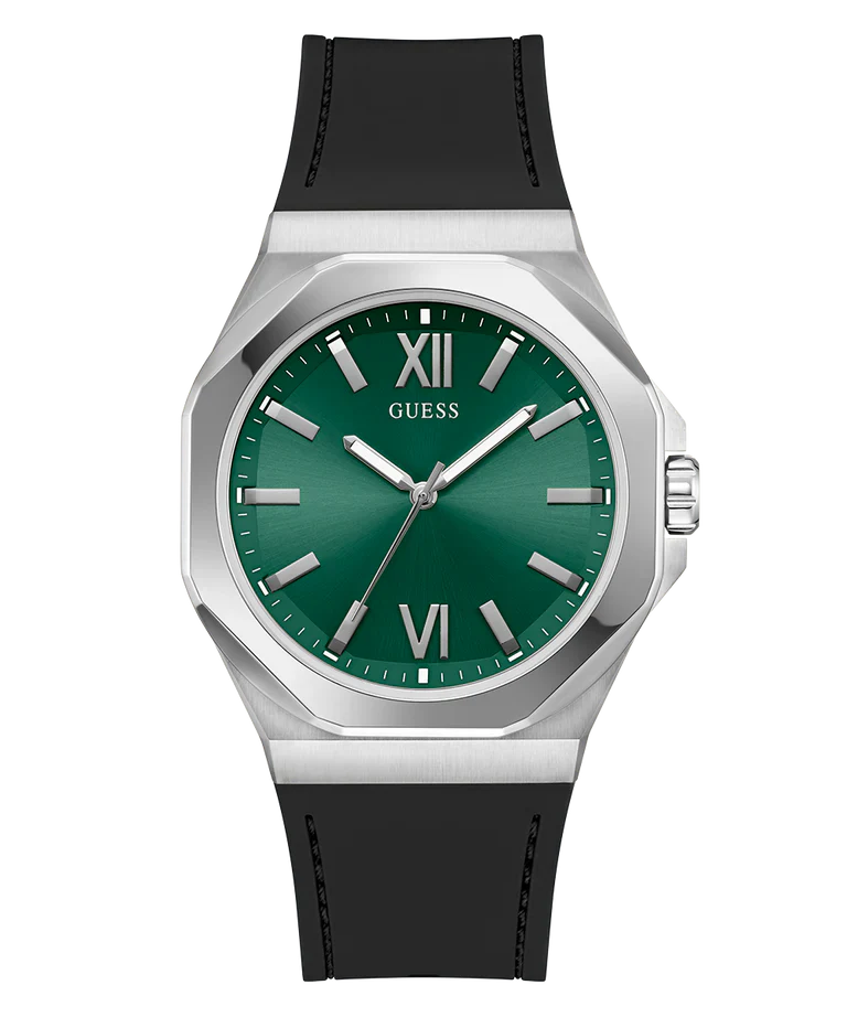 GUESS GW0850G1 men's watch with green dial, silver case, and black strap
