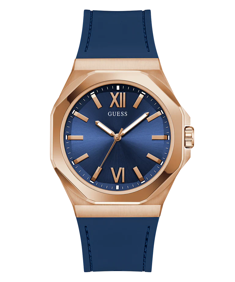 GUESS rose gold analog watch with blue dial and octagonal case