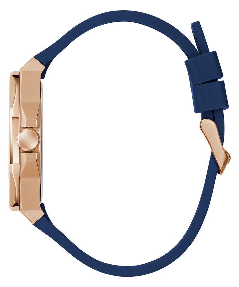 GUESS watch blue silicone strap with rose gold case lugs