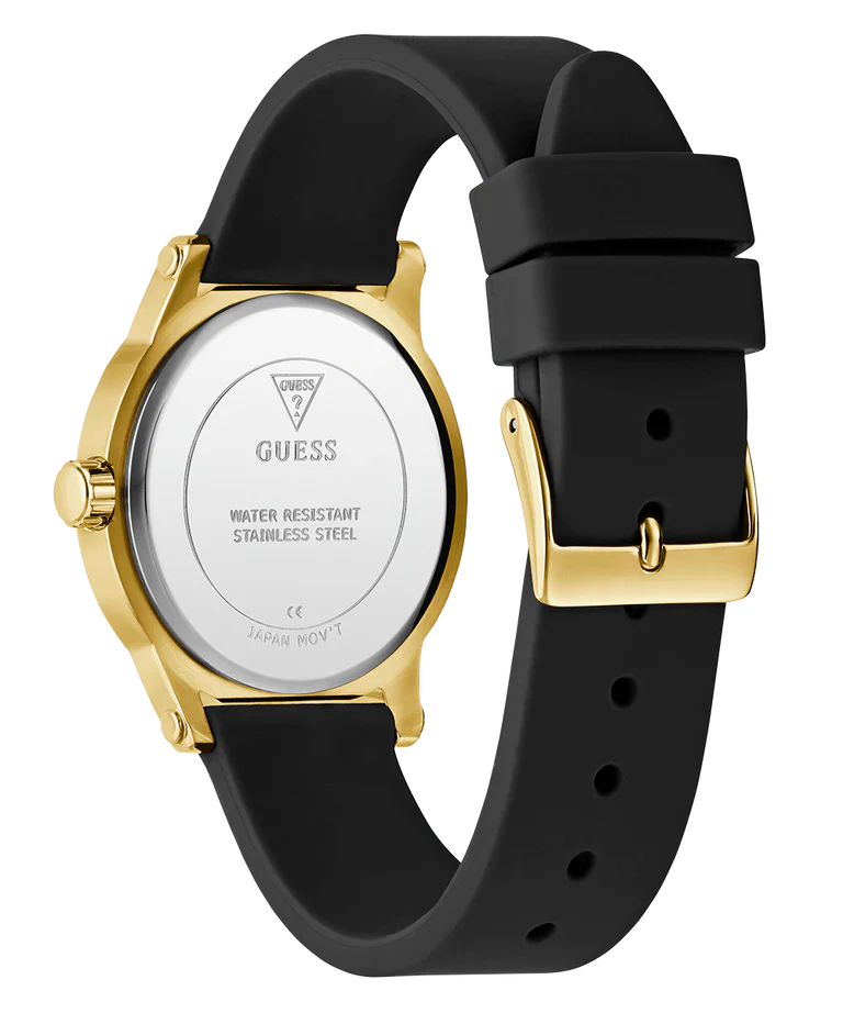 GUESS watch caseback showing water resistant stainless steel specifications