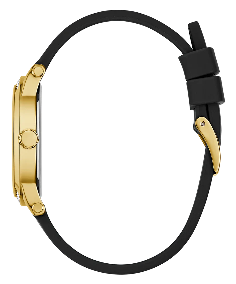 GUESS gold tone watch side profile with black leather strap and gold lugs
