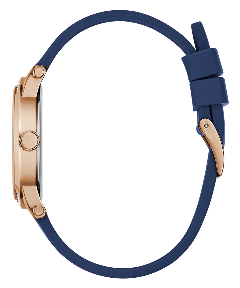 GUESS rose gold watch side profile with navy silicone strap and buckle closure