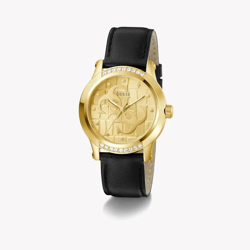 GUESS gold women's watch at angle with black leather strap and crystal bezel