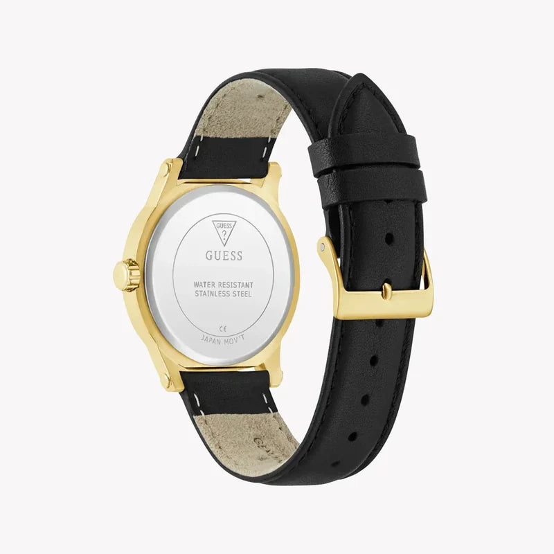 GUESS watch caseback showing water resistant stainless steel back with logo
