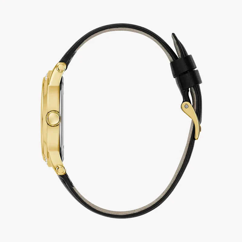 GUESS women's watch side view showing gold case and black leather strap