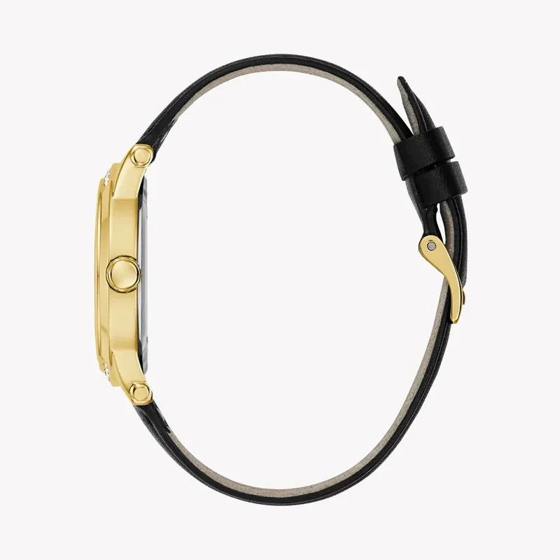GUESS women's watch side view showing gold case and black leather strap