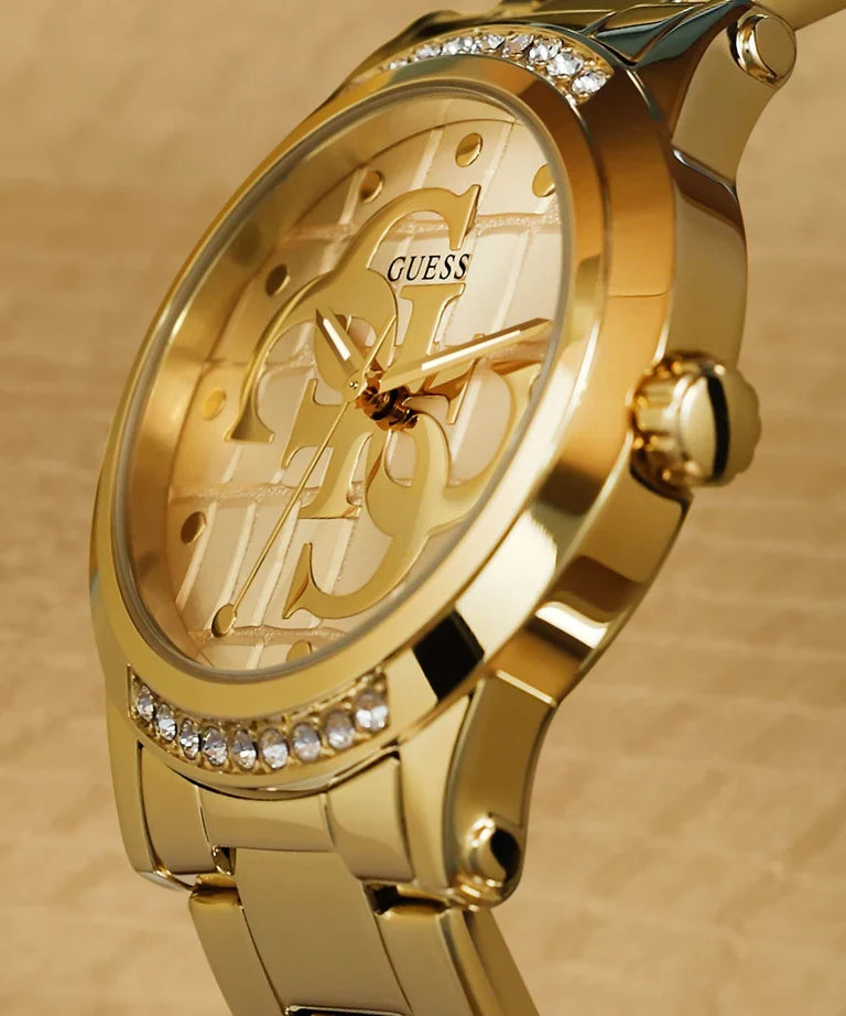 Side view of gold watch case with crystal bezel and hands