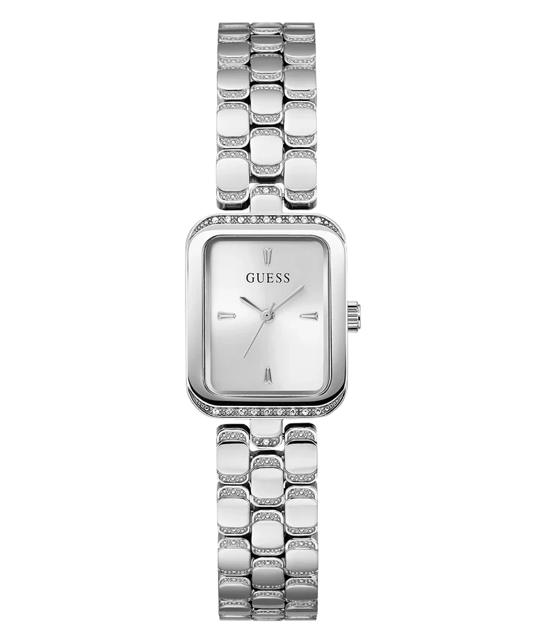 GUESS GW0865L1 silver tone ladies watch with rectangular dial and crystal-set bezel on bracelet