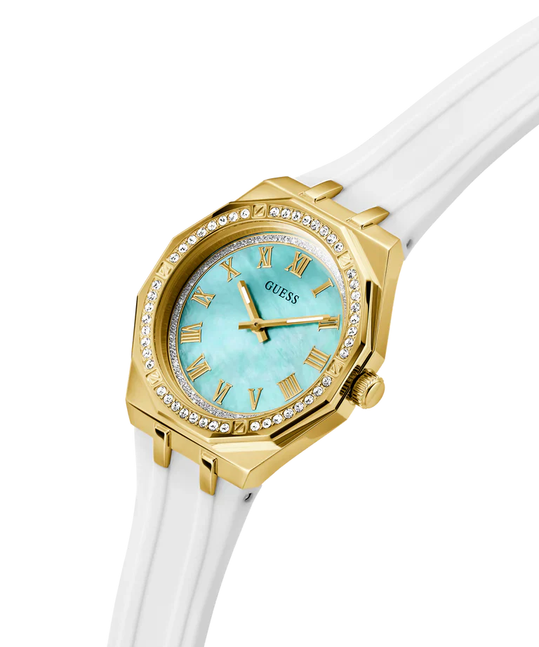GUESS GW0872L1 angled view showing gold case, crystal bezel, and white strap