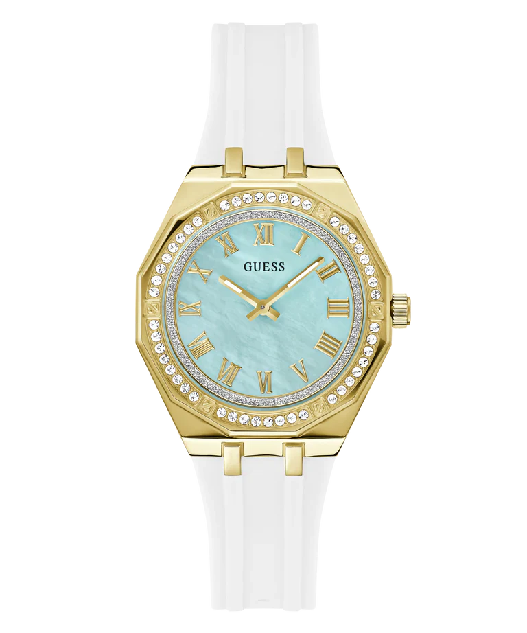 GUESS GW0872L1 white gold tone ladies watch with light blue dial and white rubber strap
