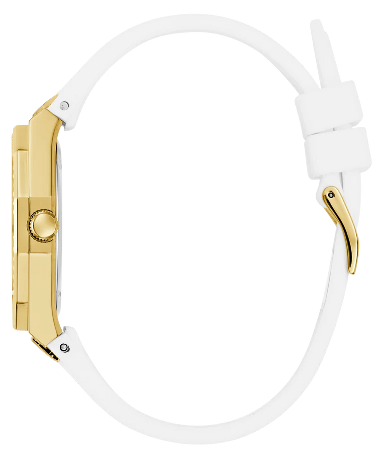 GUESS GW0872L1 side profile view showing gold tone case and white rubber strap