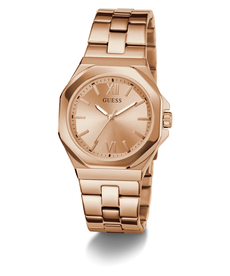 Guess Empress rose gold watch displayed at angle showing case and link bracelet