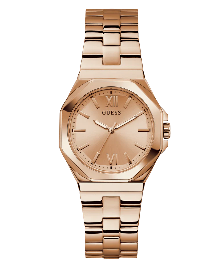 Guess Empress rose gold quartz women's watch with round dial and rose gold bracelet