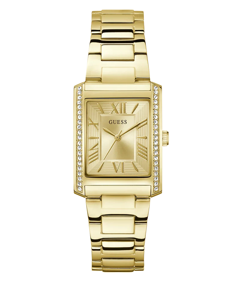 GUESS gold tone rectangular ladies watch with Roman numeral dial and crystal-set bezel