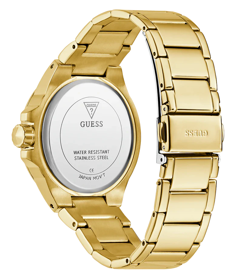 GUESS ladies watch caseback showing water resistant stainless steel details