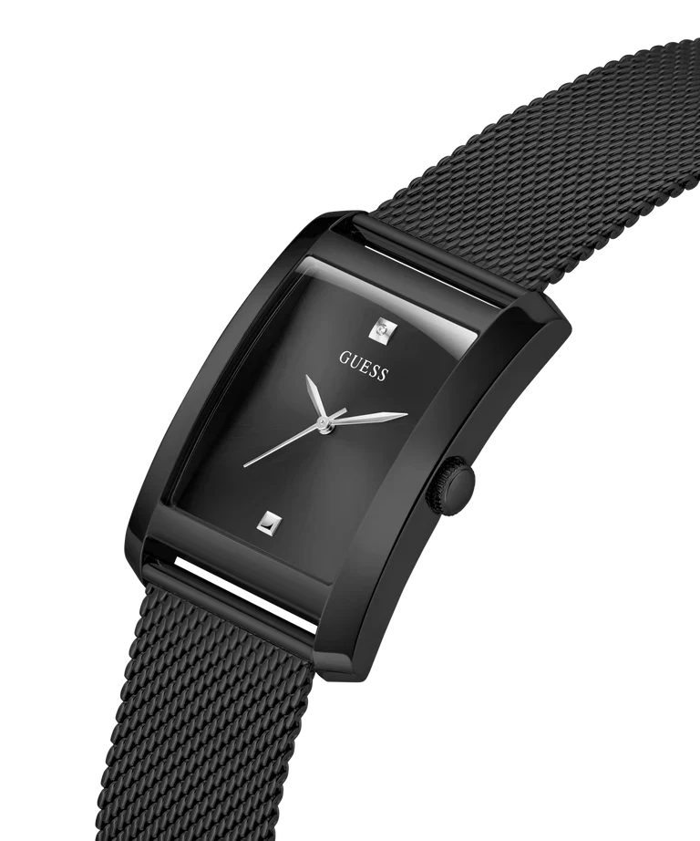 GUESS GW0898G3 watch at angle showing black mesh bracelet and rectangular case