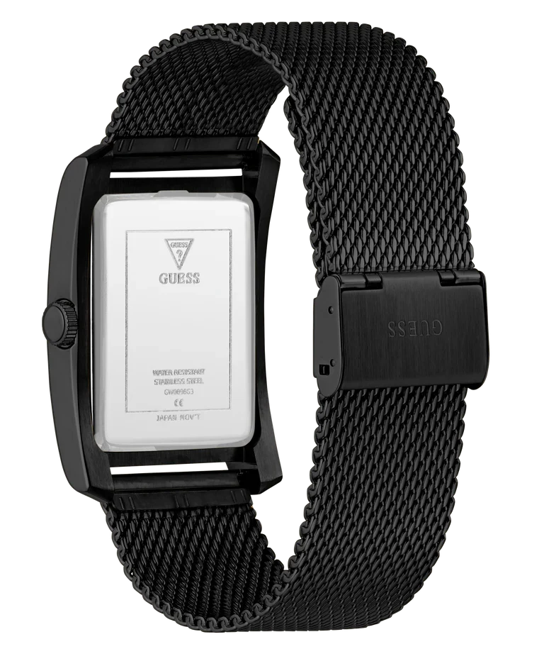 GUESS watch caseback and strap showing model information and black mesh band