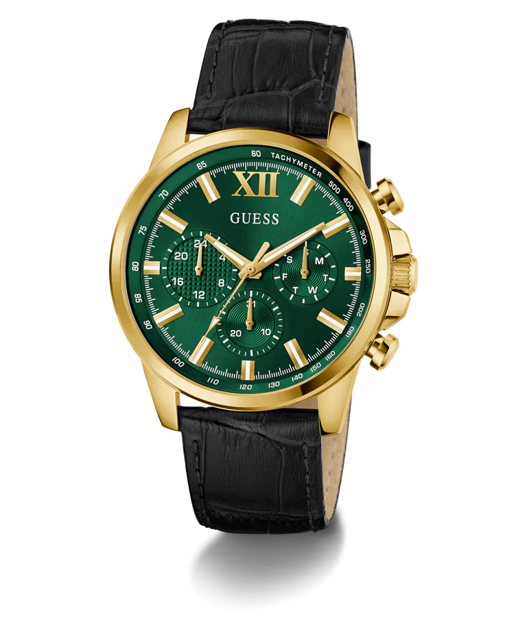 GUESS GW0901G4 men's watch with green chronograph dial, gold case, and black leather strap