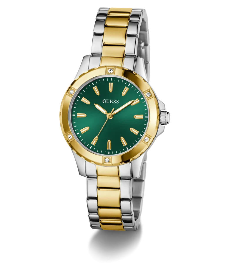 GUESS GW0948L8 watch angled view showing 2-tone bracelet and green dial