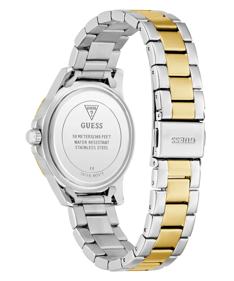 GUESS GW0948L8 caseback showing water resistant stainless steel case