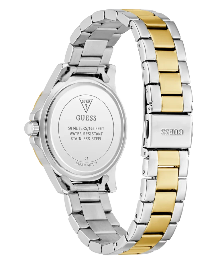 GUESS GW0948L8 caseback showing water resistant stainless steel case