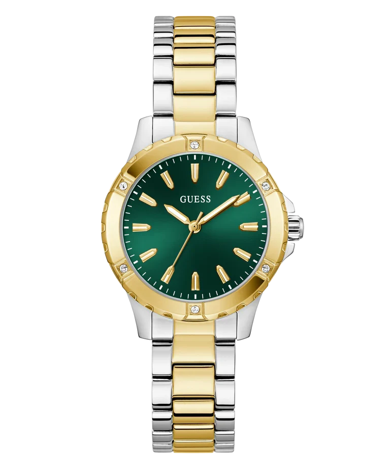 GUESS ladies 2-tone watch with green dial, gold and silver stainless steel bracelet