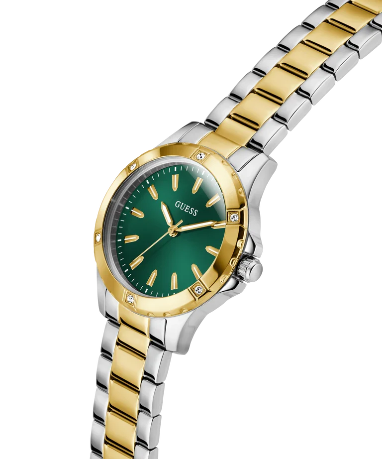 GUESS ladies watch GW0948L8 side view with 2-tone gold and silver bracelet