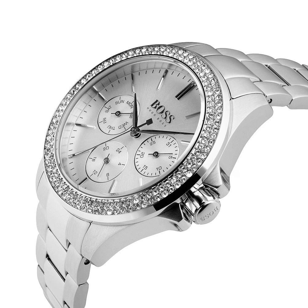 Hugo Boss women's chronograph watch angled view showing crystal bezel, silver dial with subdials, and metal bracelet