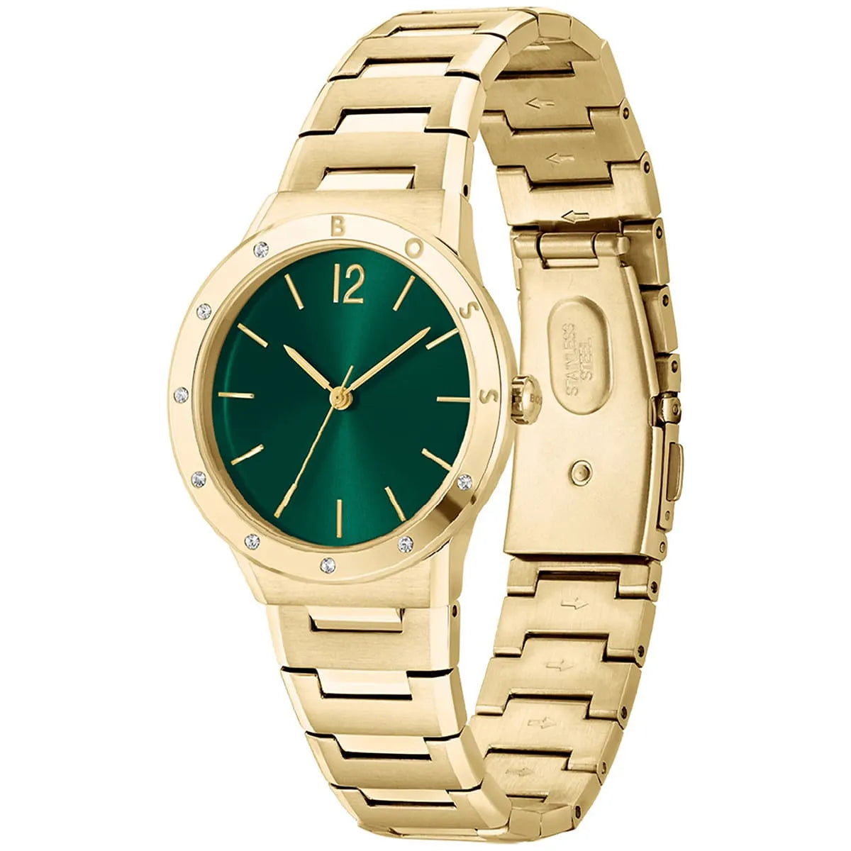 Hugo Boss gold watch with green dial and stainless steel link bracelet side view