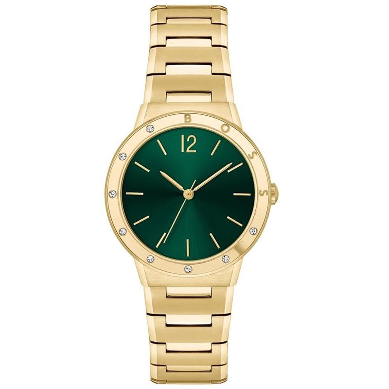 Hugo Boss gold quartz watch with green dial and stainless steel bracelet