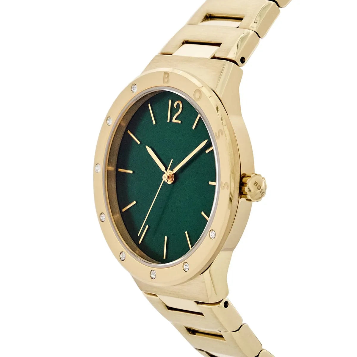 Hugo Boss gold watch with green dial shown from side profile