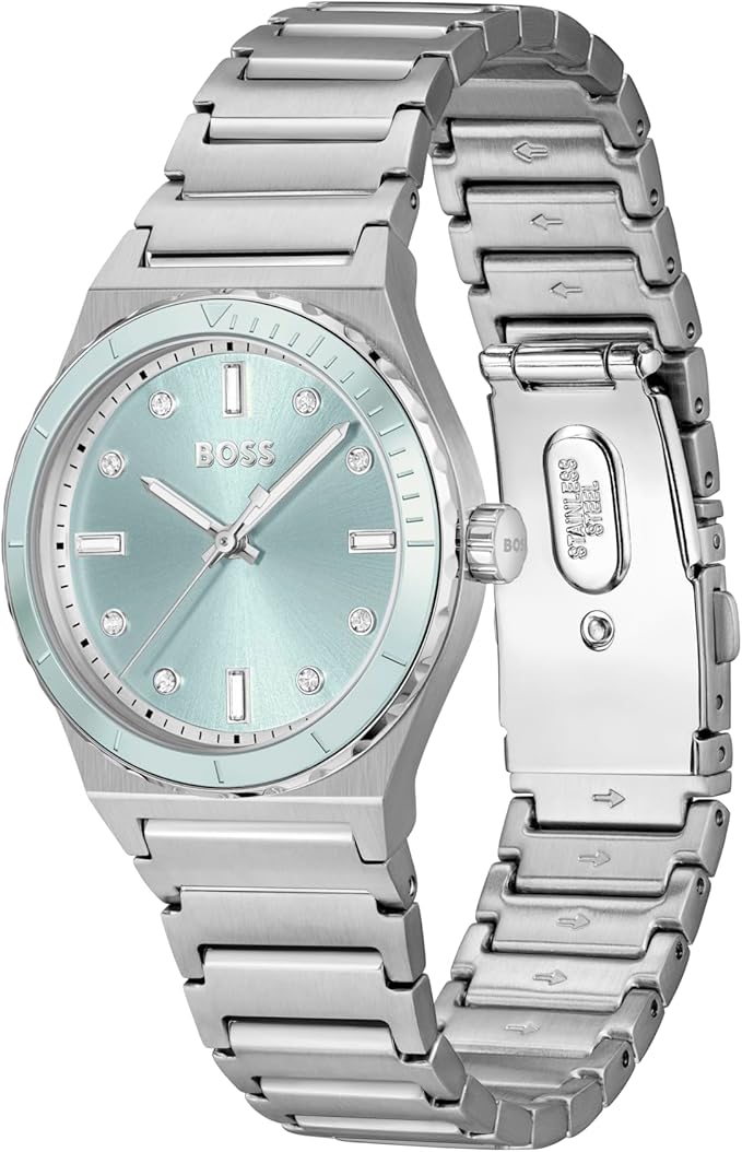 Hugo Boss watch displayed at angle with matching stainless steel bracelet detail